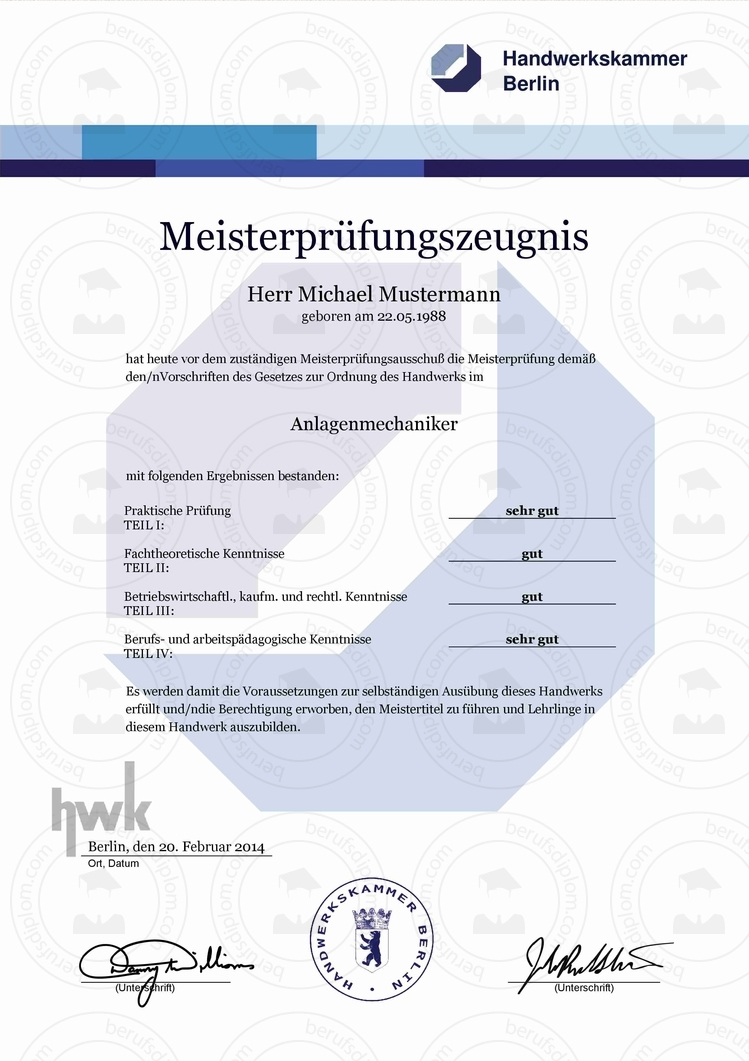 HWK Meisterprüfungszeugnis kaufen | Meisterprüfungszeugnis |  Berufszertifikate & Diplome